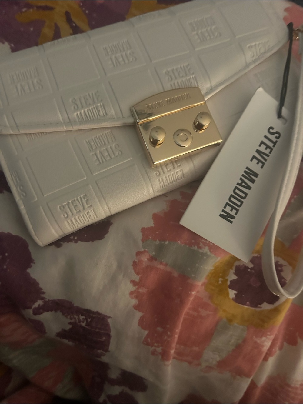 Steve Madden White Embossed Leather Wristlet with Gold-Tone Lock